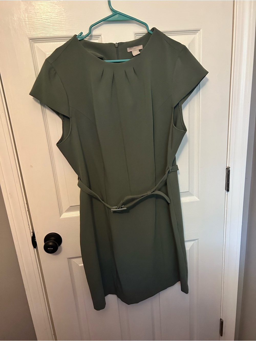 H&M Olive Green Belted Cap-Sleeve Dress